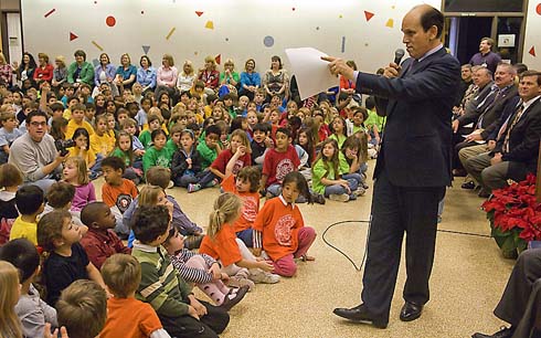 Armand Bayou Elementary School Milken Family Foundation Co-Founder Michael Milken asks for volunteers from the Armand Bayou Elementary student body to step forward and help him make a special announcement.