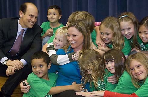 Armand Bayou Elementary School Milken Family Foundation Co-Founder Michael Milken joins in celebrating Maggie Calagna's $25,000 Milken Educator Award with Calagna and her students.