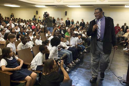 Daniel R. Cameron Elementary School Legendary football player Rosey Grier -- a member of the Milken Family Foundation board of trustees -- tells the students at Daniel R. Cameron Elementary School, 'If we share our ideas, they become a mountain of ideas to change our world for the better.'