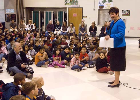 Cascade Elementary School Washington State Superintendent of Public Instruction Terry Bergeron speaks to the students at Cascade Elementary School.