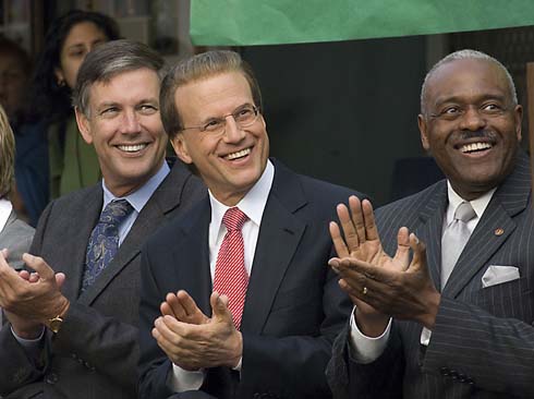 Colfax Avenue Charter Elementary School California Superintendent of Public Instruction Jack O'Connell, Milken Family Foundation Chairman Lowell Milken and Los Angeles Unified School District Superintendent David L. Brewer III applaud the Colfax Avenue Elementary students' song-and-dance performance.