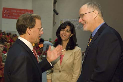 Joseph A. Craig Elementary School Milken Family Foundation Chairman Lowell Milken enjoys a chat with Louisiana First Lady Supriya Jindal and Paul Vallas, superintendent of the Recovery School District in New Orleans.