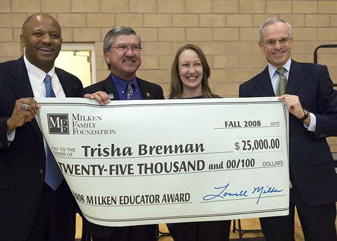 Discovery Canyon Campus L-R: Colorado Commissioner of Education Dwight D. Jones, Discovery Canyon Campus Executive Principal Dr. Gary Batsell, new Milken Educator Trisha Brennan and Milken Family Foundation Executive Vice President Richard Sandler