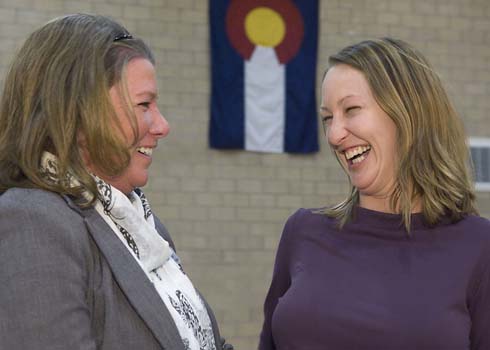 Discovery Canyon Campus A colleague shares a laugh with new Milken Educator Trisha Brennan.