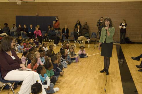 Fontenelle Elementary School Dr. Jane Foley, senior vice president of the Milken Educator Awards, reveals the true purpose of the assembly: to honor a very special educator at Fontenelle Elementary School.