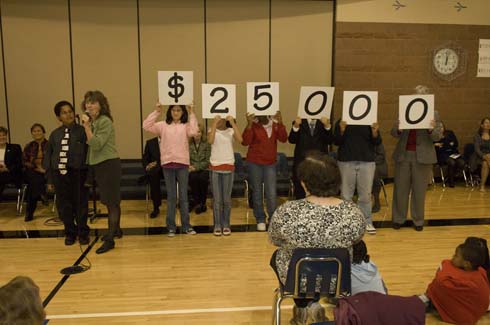 Fontenelle Elementary School Fontenelle Elementary students hold up cards displaying the amount of the Milken Educator Award, which is about to go to one of their outstanding educators.