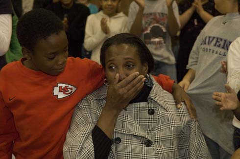 Fontenelle Elementary School Teacher Crystal Simpson reacts with shock and emotion upon being surprised with a $25,000 Milken Educator Award.