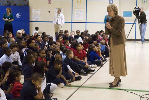 Galtier Magnet Elementary School Minnesota Commissioner of Education Alice Seagren tells Galtier Magnet Elementary students, 'When I was a little girl, I didn't get to go to a lot of places because my mom and dad didn't have much money.  But through books, I travelled in my mind.  Through books, I learned about the Queen of England and got excited about science. I journeyed far and wide in my imagination.'