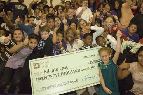 Garden City Elementary School Nicole Law (IN '08) celebrates her Milken Educator Award with her students.