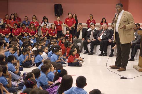 North Alamo Elementary School 'It doesn't matter what color you are—if I say you're my brother, you're my brother,' says Rosey Grier to the students at North Alamo Elementary School.  'You respect your brother, you love your brother and you want the very best for your brother.'