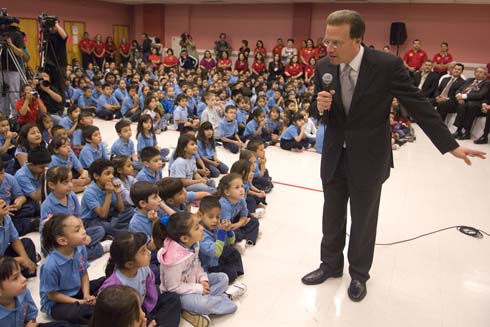 North Alamo Elementary School Students at North Alamo Elementary listen carefully as a special visitor from California -- Milken Family Foundation Chairman Lowell Milken -- tells them why he has come: to surprise one of their excellent educators with a special Award.