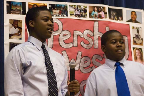 John J. Pershing West Magnet School Eighth-grade Pershing students Norton Helton and Sheriff Yusuff recite a dramatic reading of the Langston Hughes poem, 'I, Too, Sing America.'
