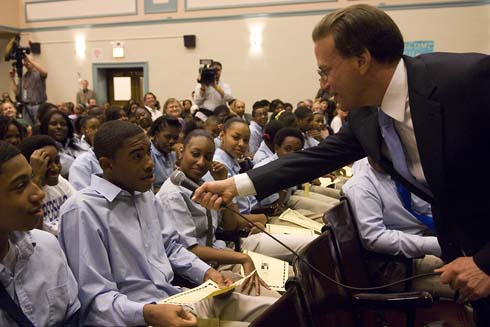 John J. Pershing West Magnet School A young Pershing student answers another question from Foundation Chairman Lowell Milken.