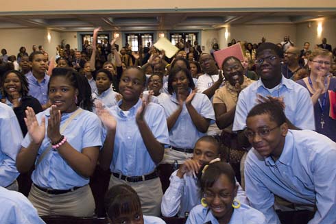 John J. Pershing West Magnet School Pershing West students cheer for their principal after she is surprised with a $25,000 Milken Educator Award.
