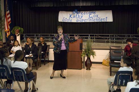 Rock Chapel Elementary School Georgia State Superintendent of Schools Kathy Cox, just back from Hollywood where she won 'Are You Smarter than a 5th Grader?', addresses the students and staff at Rock Chapel Elementary School.