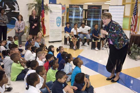 Sawyer Road Elementary School Georgia State Superintendent of Schools Kathy Cox, just back from Hollywood after winning 'Are You Smarter than a 5th Grader?', talks to the students at Sawyer Road Elementary School.
