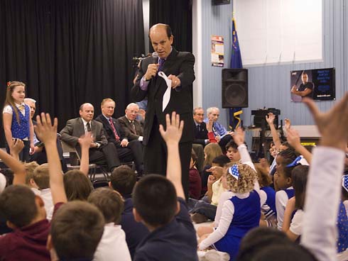 C.T. Sewell Elementary School Milken Family Foundation Co-Founder Michael Milken selects volunteers to help him make an important announcement.