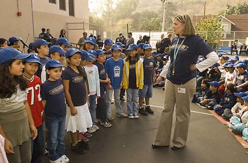 Solano Avenue Elementary School Fourth-grade teacher Shannon Garrison gathers her students for a schoolwide assembly, unaware that the purpose of the assembly is to surprise her with a $25,000 Milken Educator Award.