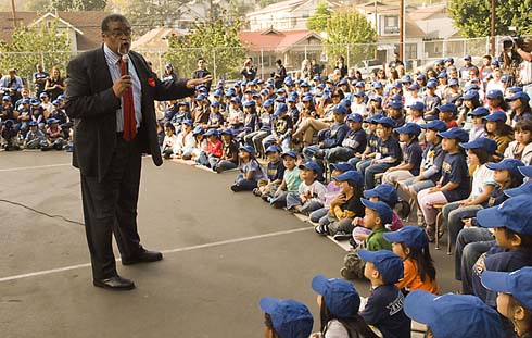 Solano Avenue Elementary School Football hero Rosey Grier entertains and inspires the students of Solano Avenue Elementary School.