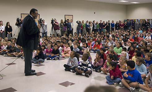 Valley Elementary School Football hero Rosey Grier delivers an inspirational message to the young students at Valley Elementary School.