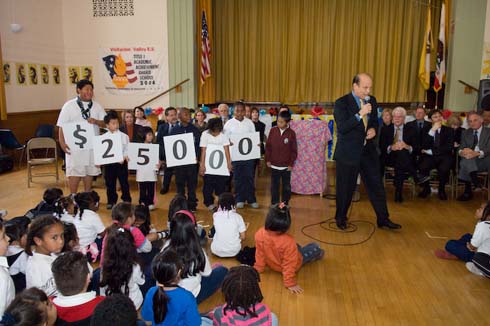 Visitacion Valley Elementary School Visitacion Valley Elementary students hold up cards displaying the amount of the Milken Educator Award as Milken Family Foundation Co-Founder Mike Milken invites another special guest to announce the recipient of the Award.