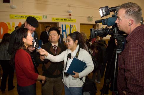 Visitacion Valley Elementary School Reporters from the San Francisco area interview Mindy Yip on what it was like to be surprised with a $25,000 Milken Educator Award.
