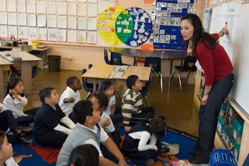 Visitacion Valley Elementary School New Milken Educator Mindy Yip in her element:  teaching a lesson to her students in the classroom.