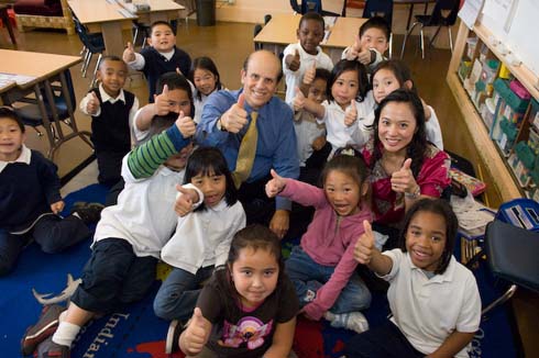 Visitacion Valley Elementary School Thumbs up all around, from Milken Family Foundation Co-Founder Mike Milken, new Milken Educator Mindy Yip and her students
