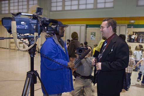 Washington Elementary School Local TV reporters interview Washington Elementary Principal Jason Plourde on what it was like to be surprised with a $25,000 Milken Educator Award.