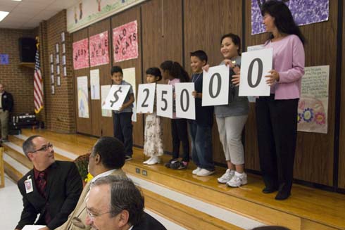 West Avenue Elementary School West Avenue Elementary students and Milken Family Foundation Trustee Joni Milken-Noah hold up cards displaying the amount of the Milken Educator Award, which is about to go to an unsuspecting West Avenue teacher.