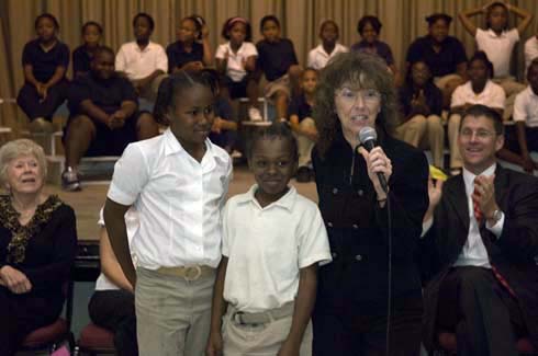 F. B. Woodley Elementary School Milken Educator Awards Senior Vice President Dr. Jane Foley asks two Woodley Elementary students, 'Who are the people in your school that are teaching you new things this year?' Among the teachers they mention is a certain 'Mr. Wilson'...